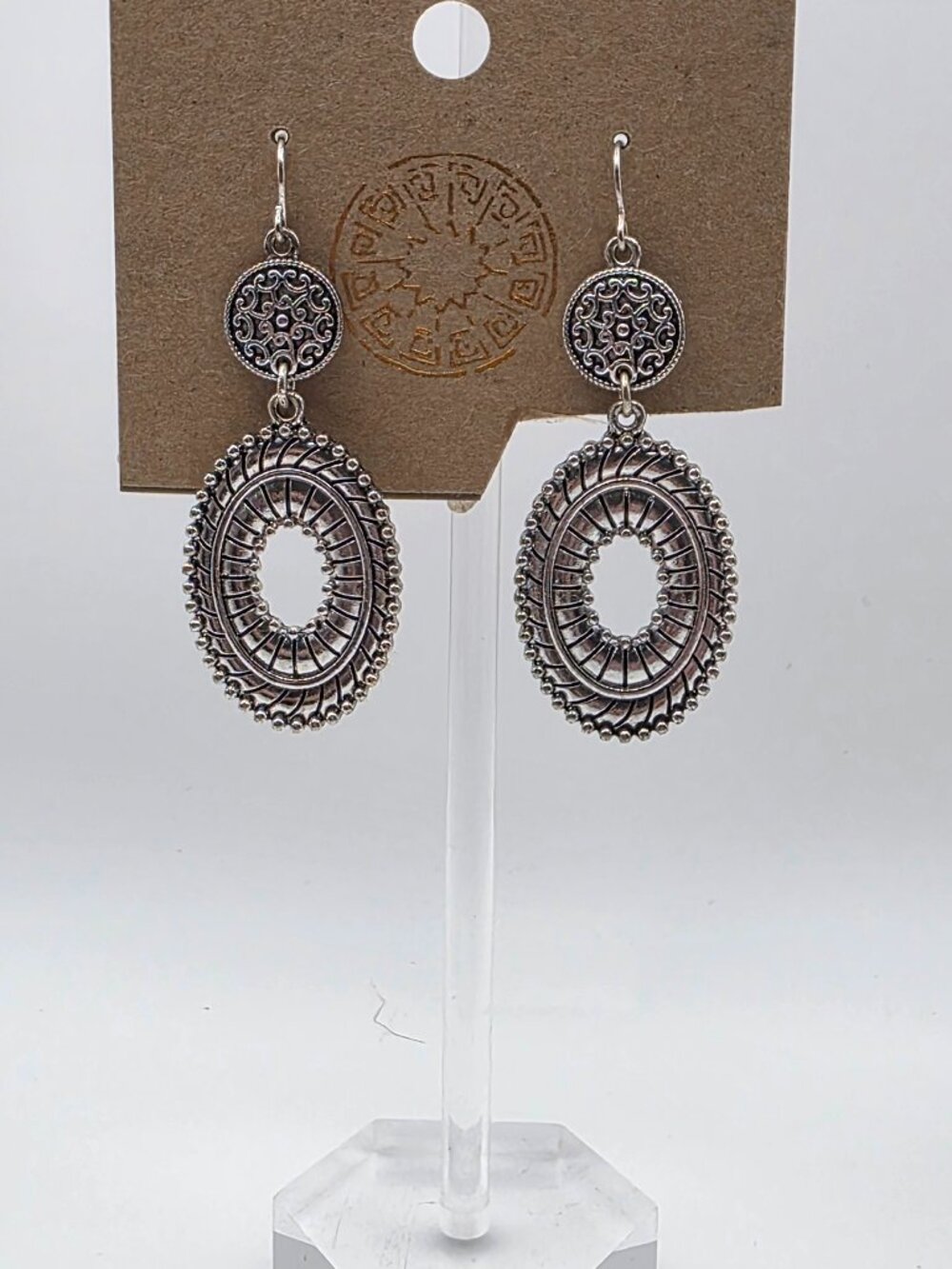 Ruby Rd. Silver Tone Filigree Oval Dangle Earrings on Original Card